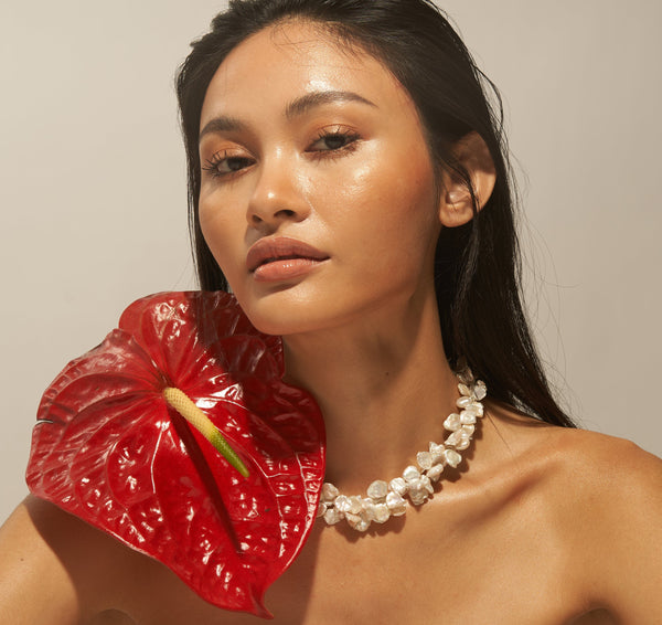 Salita Matthews model wearing the Sabah petal Pearl Necklace